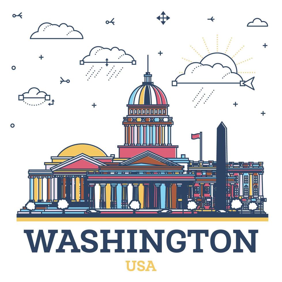 Outline Washington DC USA City Skyline with colored Modern Buildings Isolated on White. Illustration. Washington DC Cityscape with Landmarks. vector