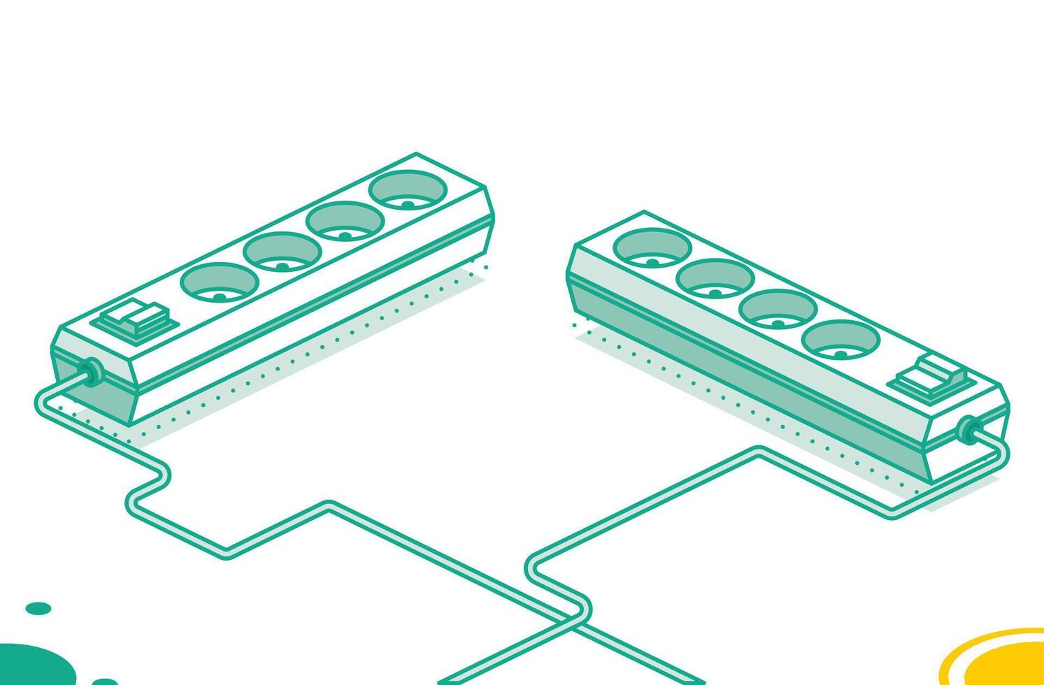 Electrical power socket strip. Isometric outline concept. Two objects. Modern electric extension cord. Powerboard with four slots. vector