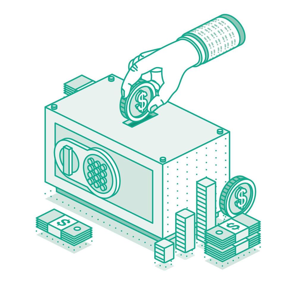Hand puts money in safe. Isometric concept of savings money. Dollar coin. Stack of money. Outline object. Manage money and finance analytics. vector