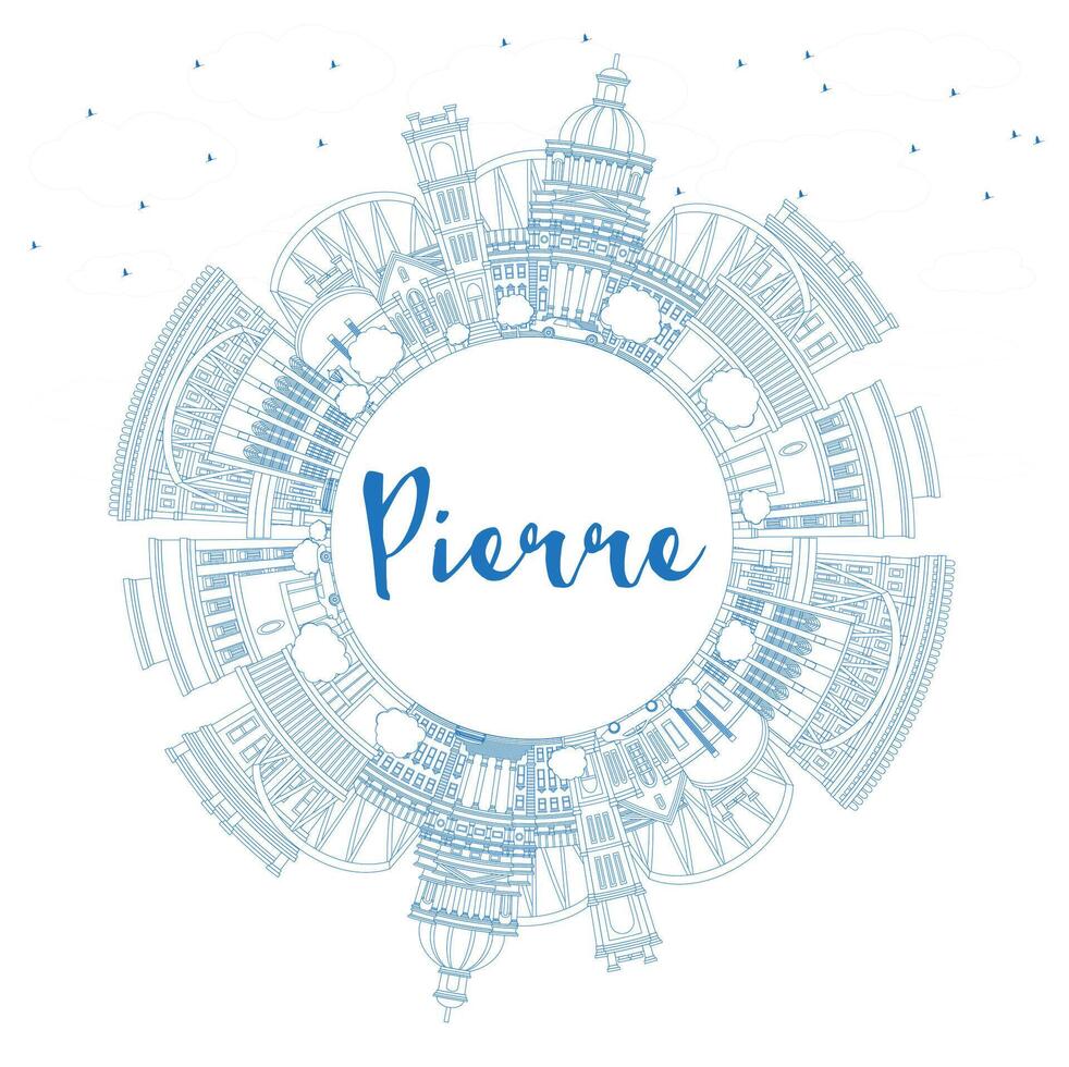 Outline Pierre South Dakota City Skyline with Blue Buildings and Copy Space. Pierre USA Cityscape with Landmarks. Business Travel and Tourism Concept with Modern Architecture. vector