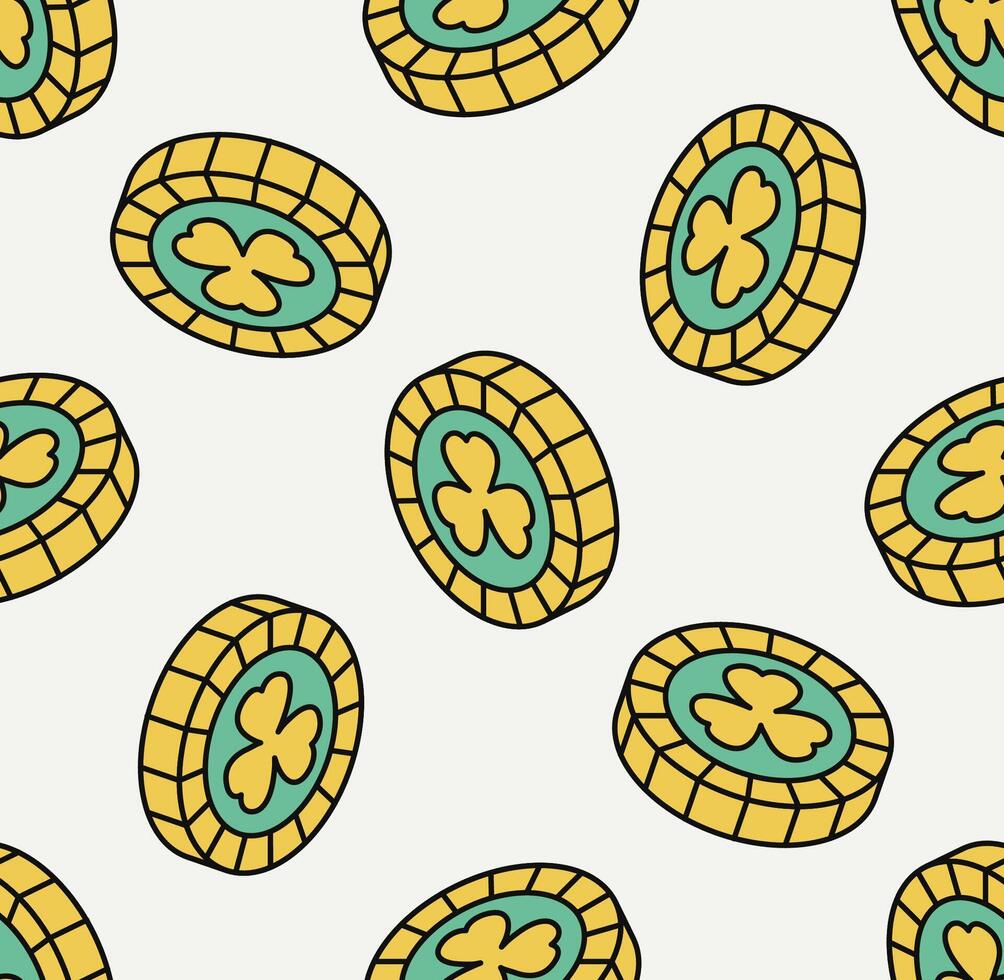 Seamless pattern with yellow green coin. Isometric icon. Symbol of Saint Patrick day. Modern style. vector