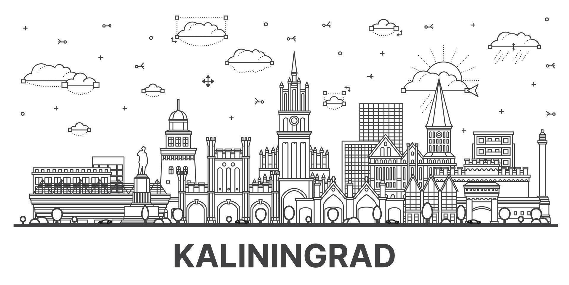 contorno Kaliningrado Rusia ciudad horizonte con moderno y histórico edificios aislado en blanco. Kaliningrado paisaje urbano con puntos de referencia vector