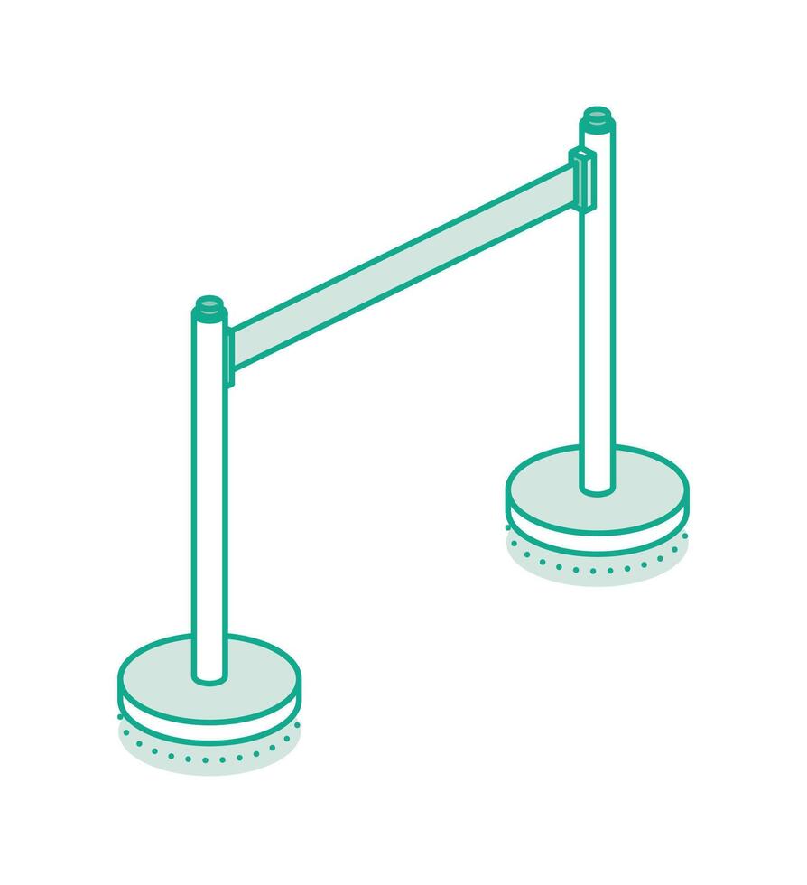 Isometric retractable belt stanchion. Portable ribbon barrier. Fencing tape. Outline style. Objects isolated on white background. vector