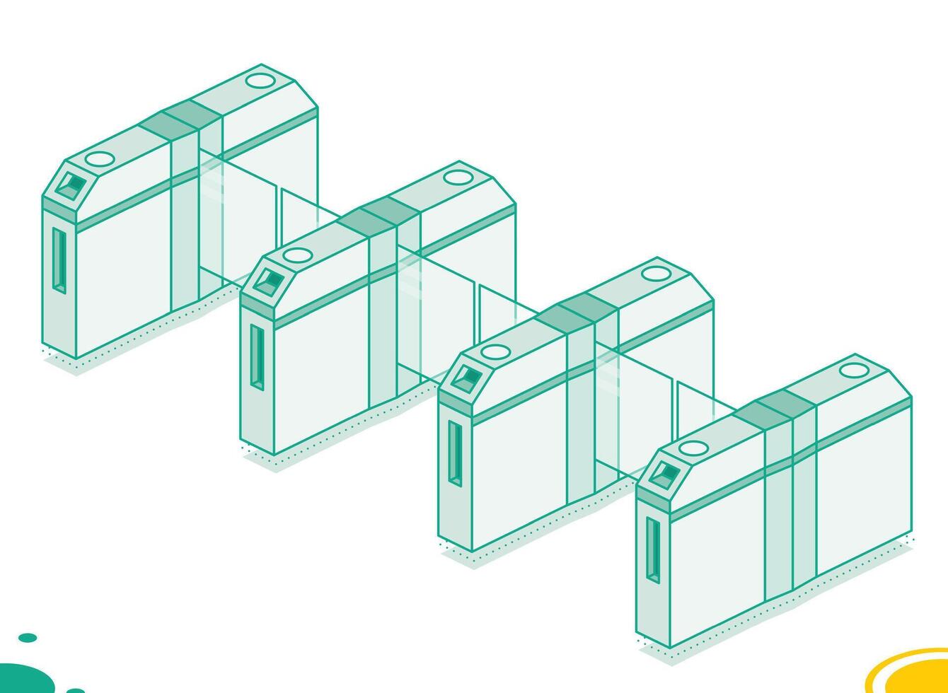 Isometric four turnstiles. Subway station or airport security element. Entrance gates. Access control equipment. Outline design element. vector