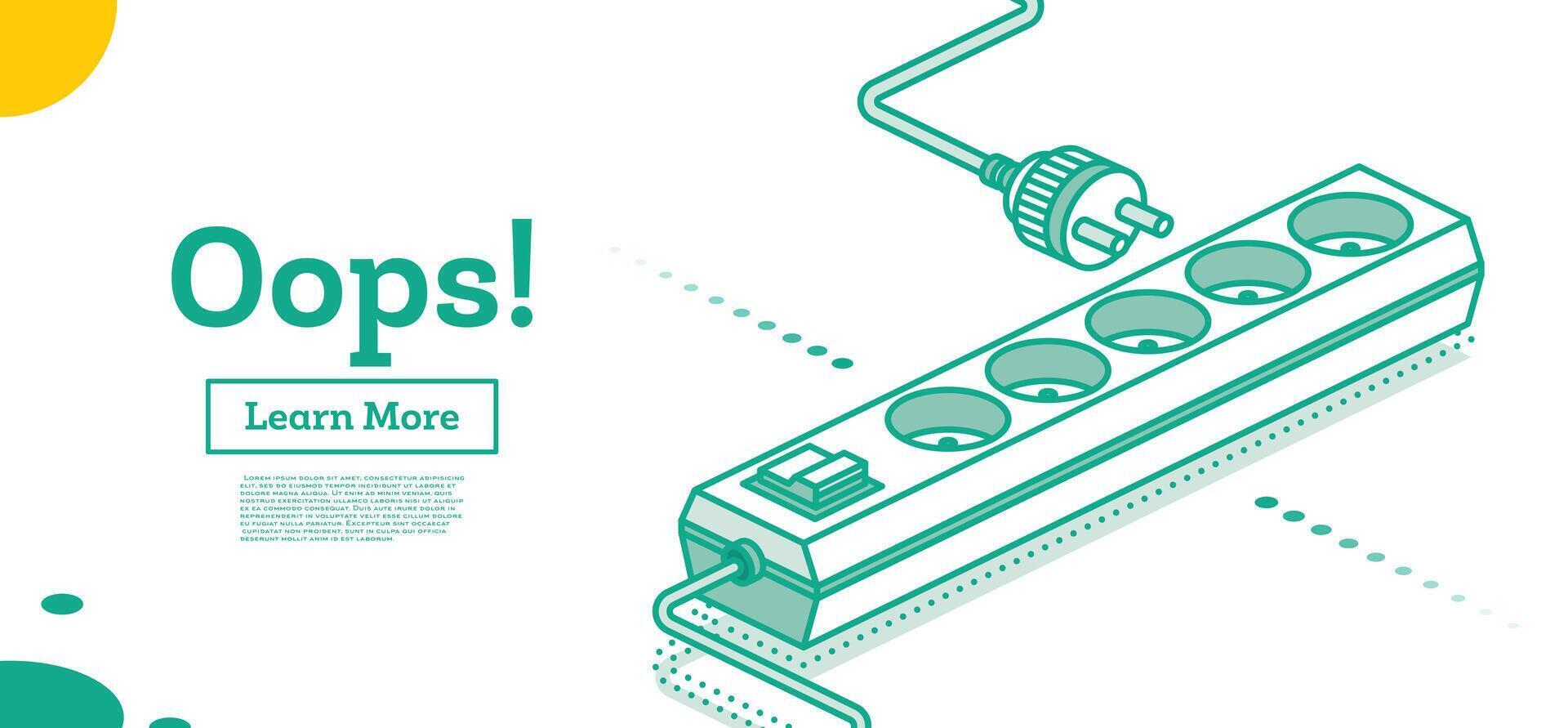 Isometric unplugged electric plug and socket isolated on white background. Minimalistic design of 404 error page. Modern electric extension cord. Power board with five slots. vector