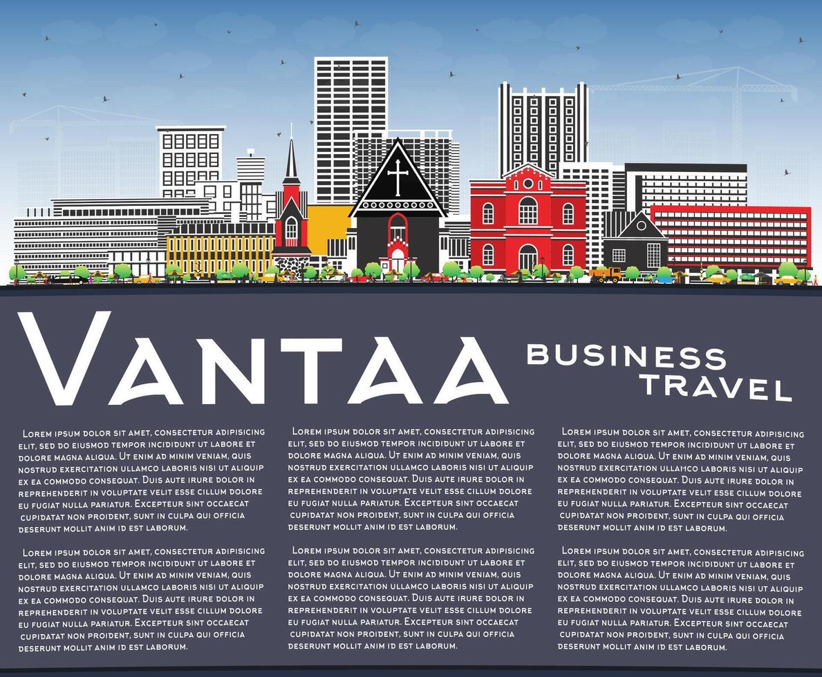 Vantaa Finland city skyline with color buildings, blue sky and copy space. Vantaa cityscape with landmarks. Travel and tourism concept with modern and historic architecture. vector