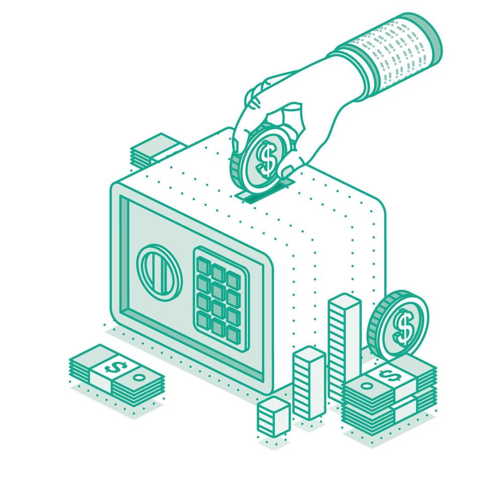 Hand puts money in safe. Isometric concept of savings money. Dollar coin. Stack of money. Outline object. Manage money and finance analytics. vector