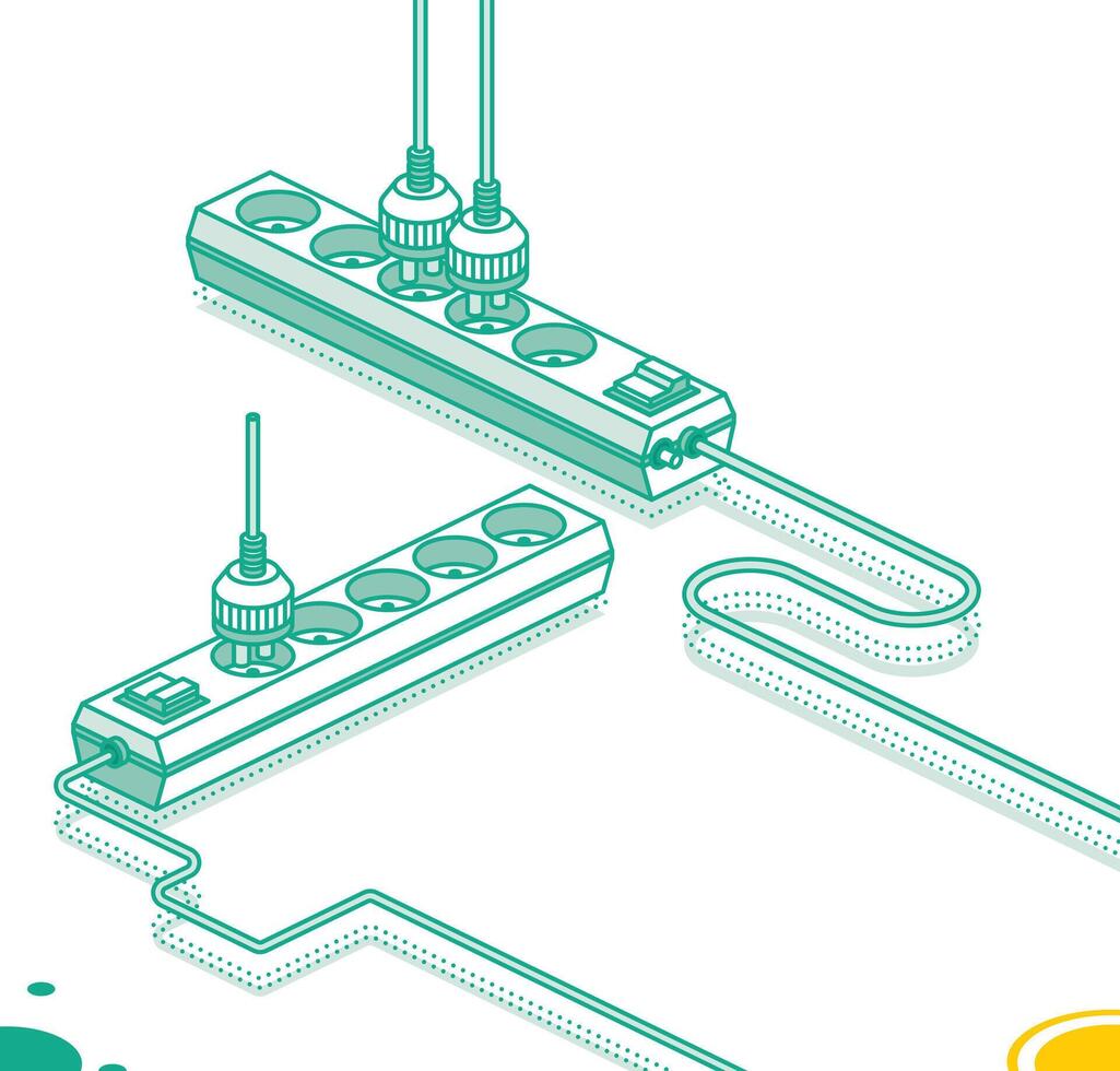 Modern electric extension cord with plug. Electrical power socket strip. Isometric outline concept. Two objects. Powerboard with five slots. vector