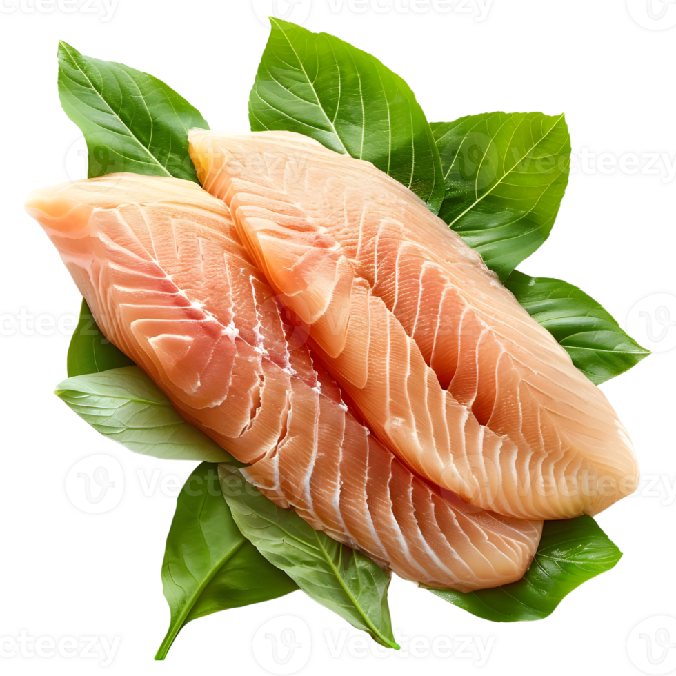 AI generated 3D Rendering of a Raw Fish on Leaves on Transparent Background - Ai Generated png