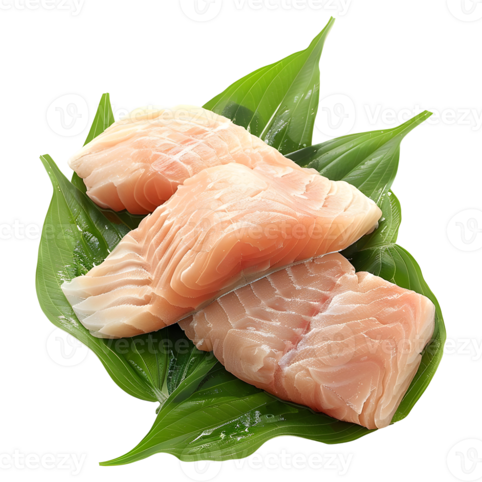 AI generated 3D Rendering of a Raw Fish on Leaves on Transparent Background - Ai Generated png