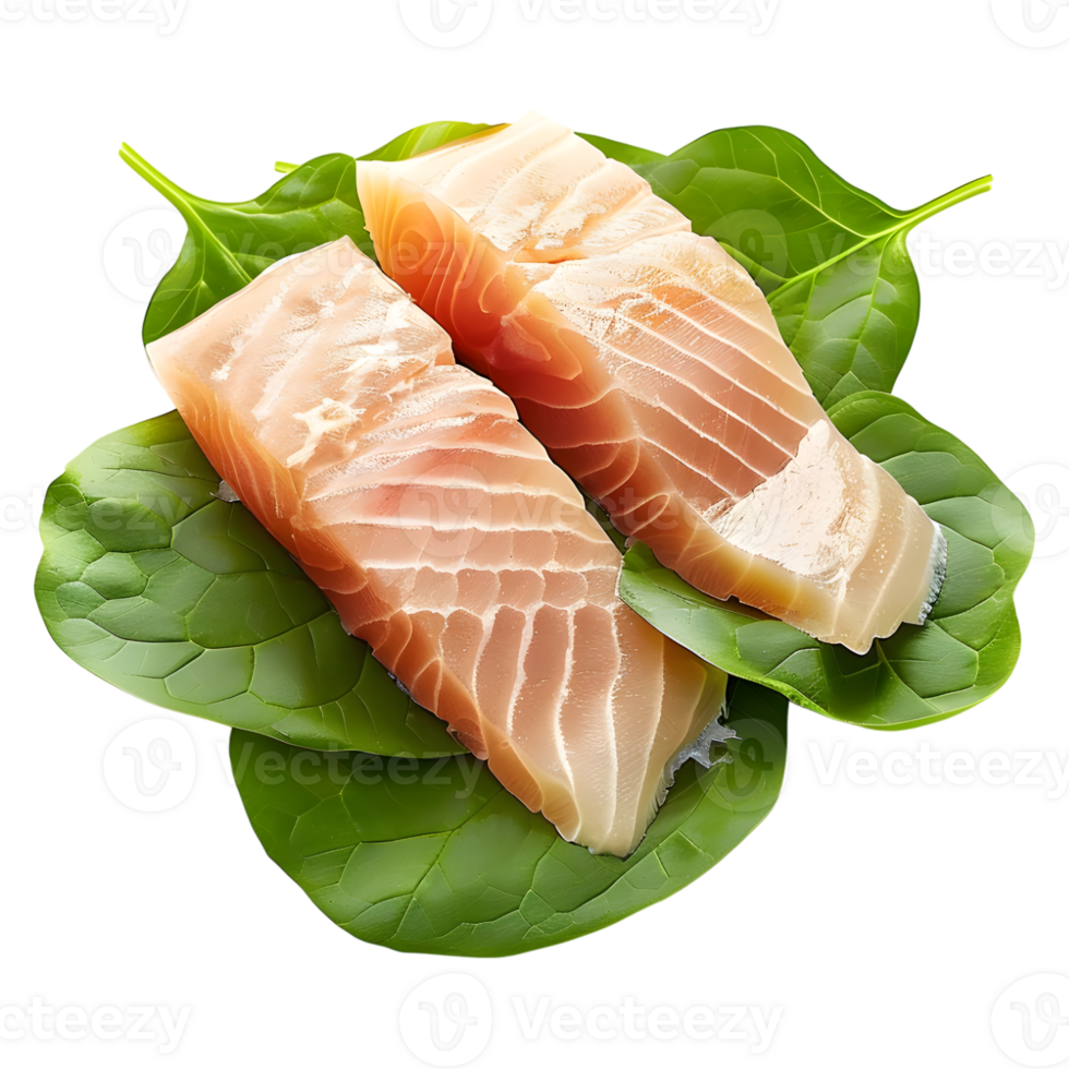 AI generated 3D Rendering of a Raw Fish on Leaves on Transparent Background - Ai Generated png