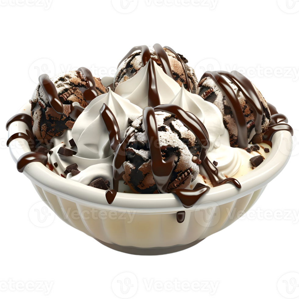 AI generated 3D Rendering of a Vanilla Ice Cream with Chocolate in a Bowl on Transparent Background - Ai Generated png
