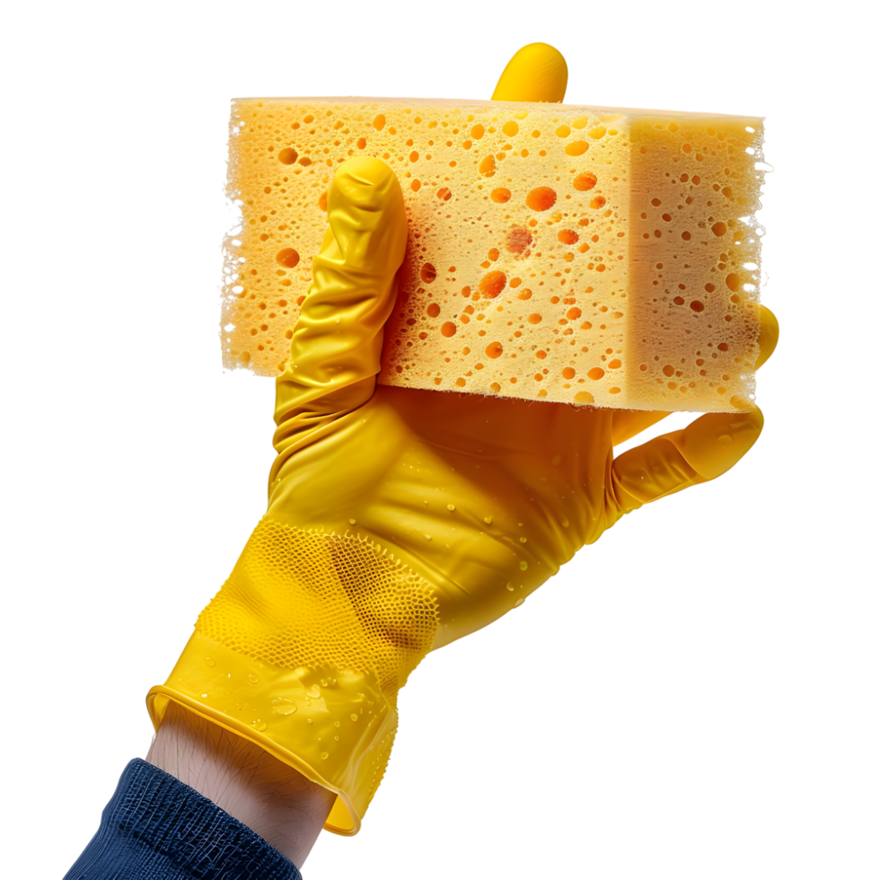 ai generato 3d interpretazione di un' lavaggio spugna nel mano con guanti su trasparente sfondo - ai generato png