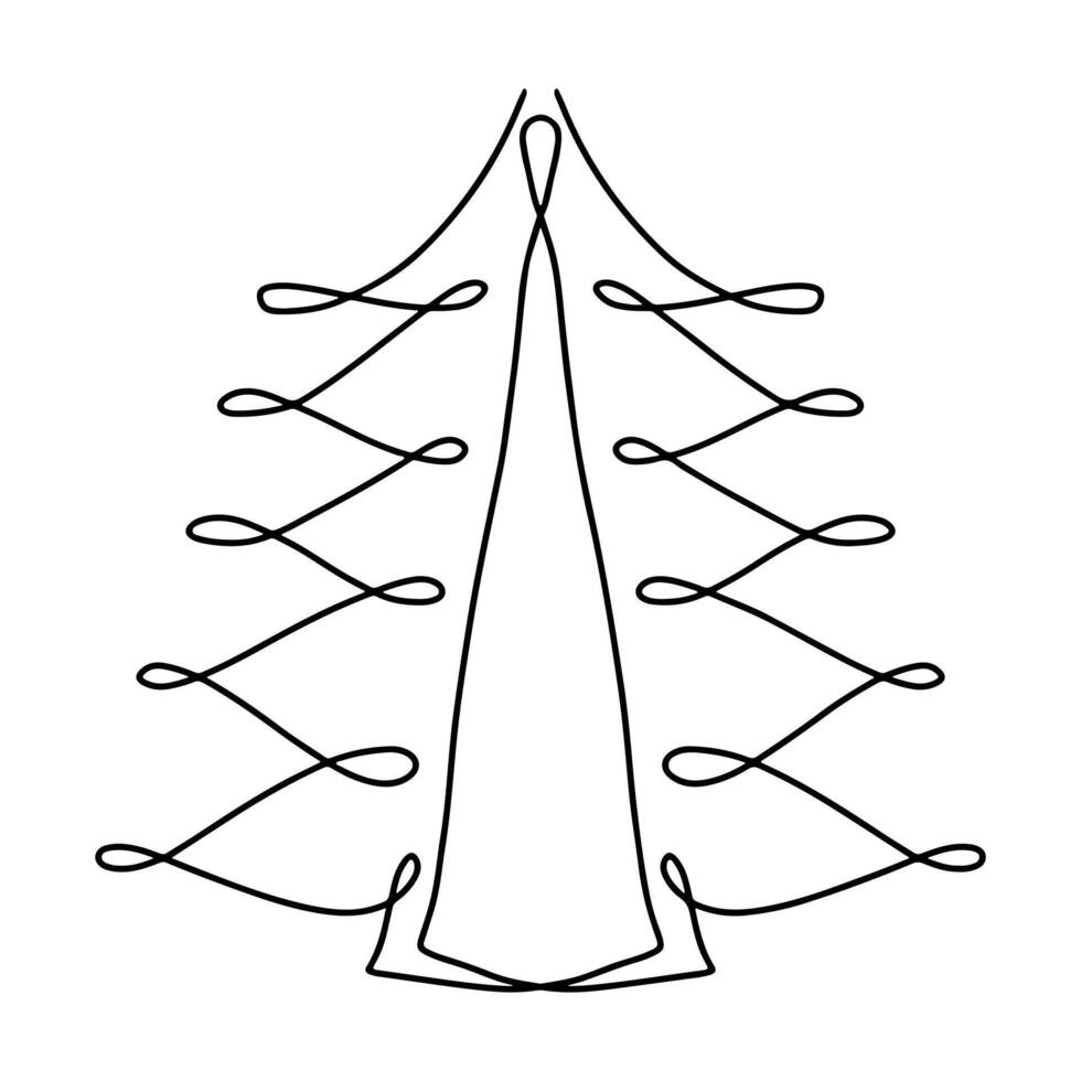 Christmas tree in single continuous line. Hand drawn style. Vector illustration isolated on white.