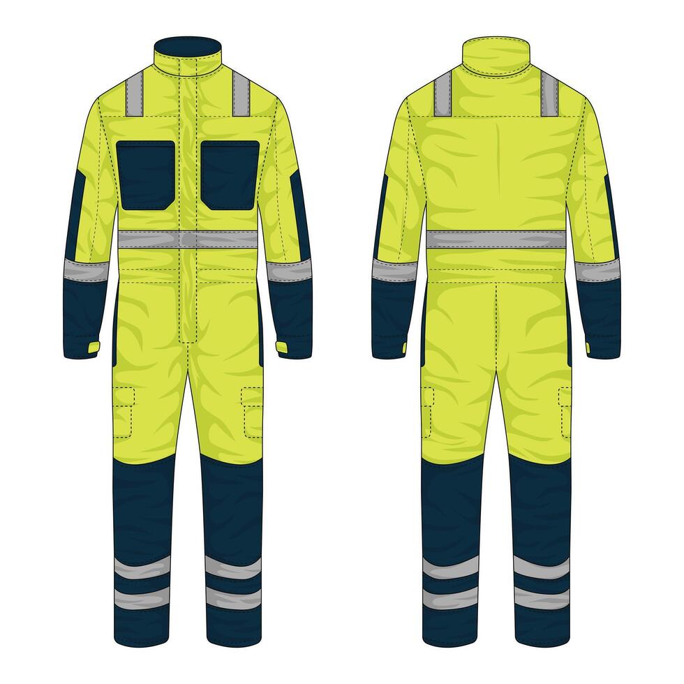 Illustration of work wear front and back view. Hi-vis wearpack mockup. Coverall vector