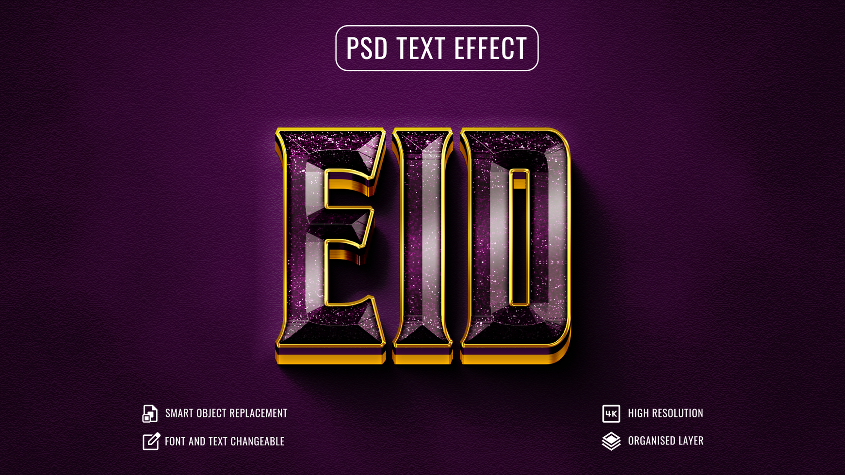gold and purple eid text effect on a purple background psd