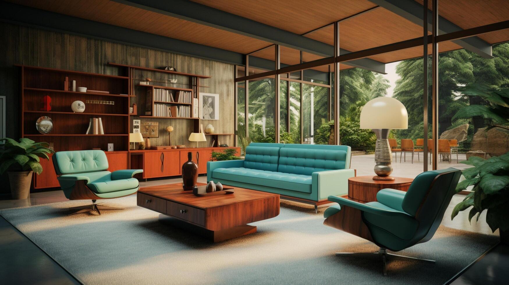 AI generated Mid-Century Modern interior design high quality photo