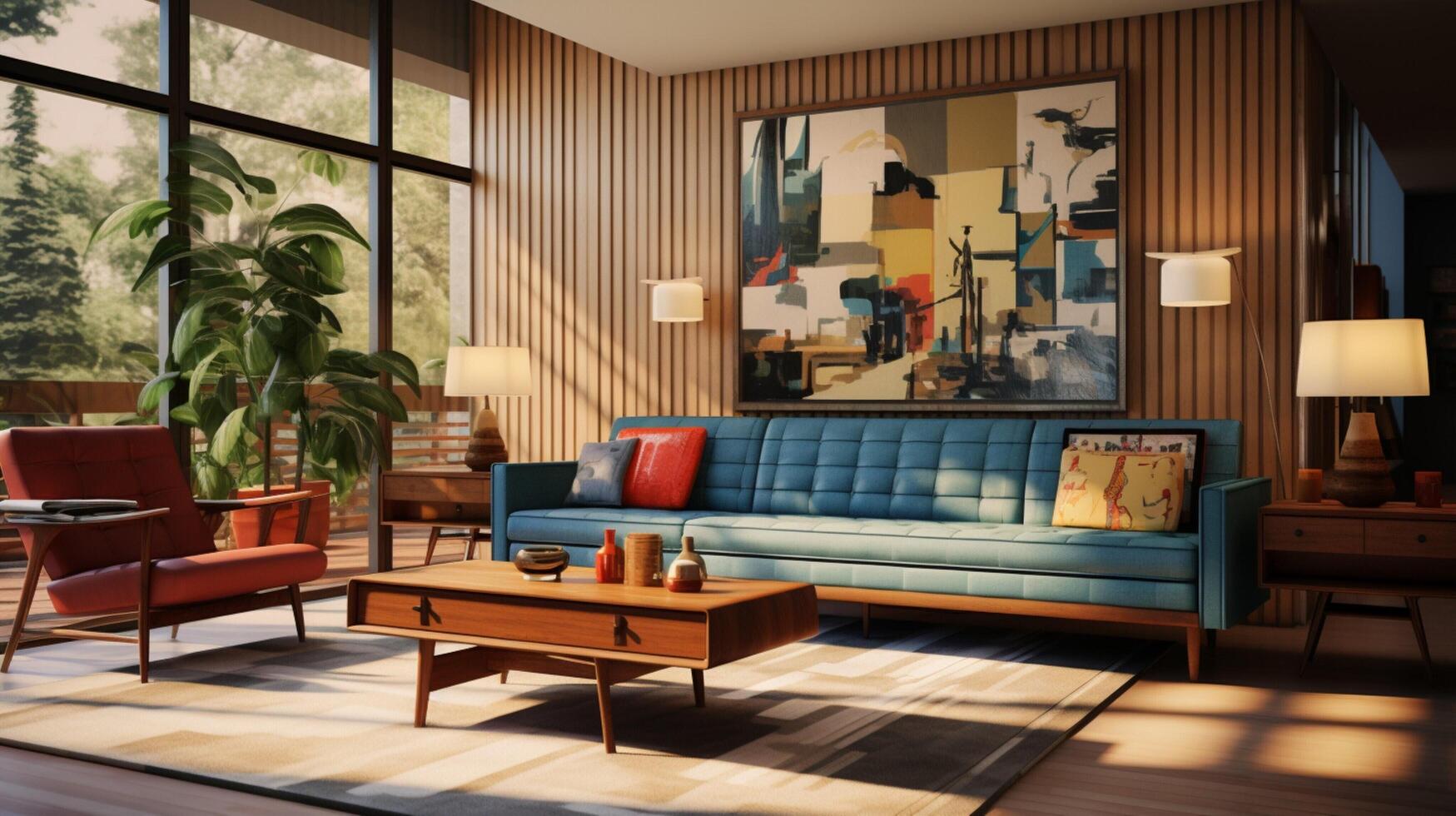 AI generated Mid-Century Modern interior design high quality photo