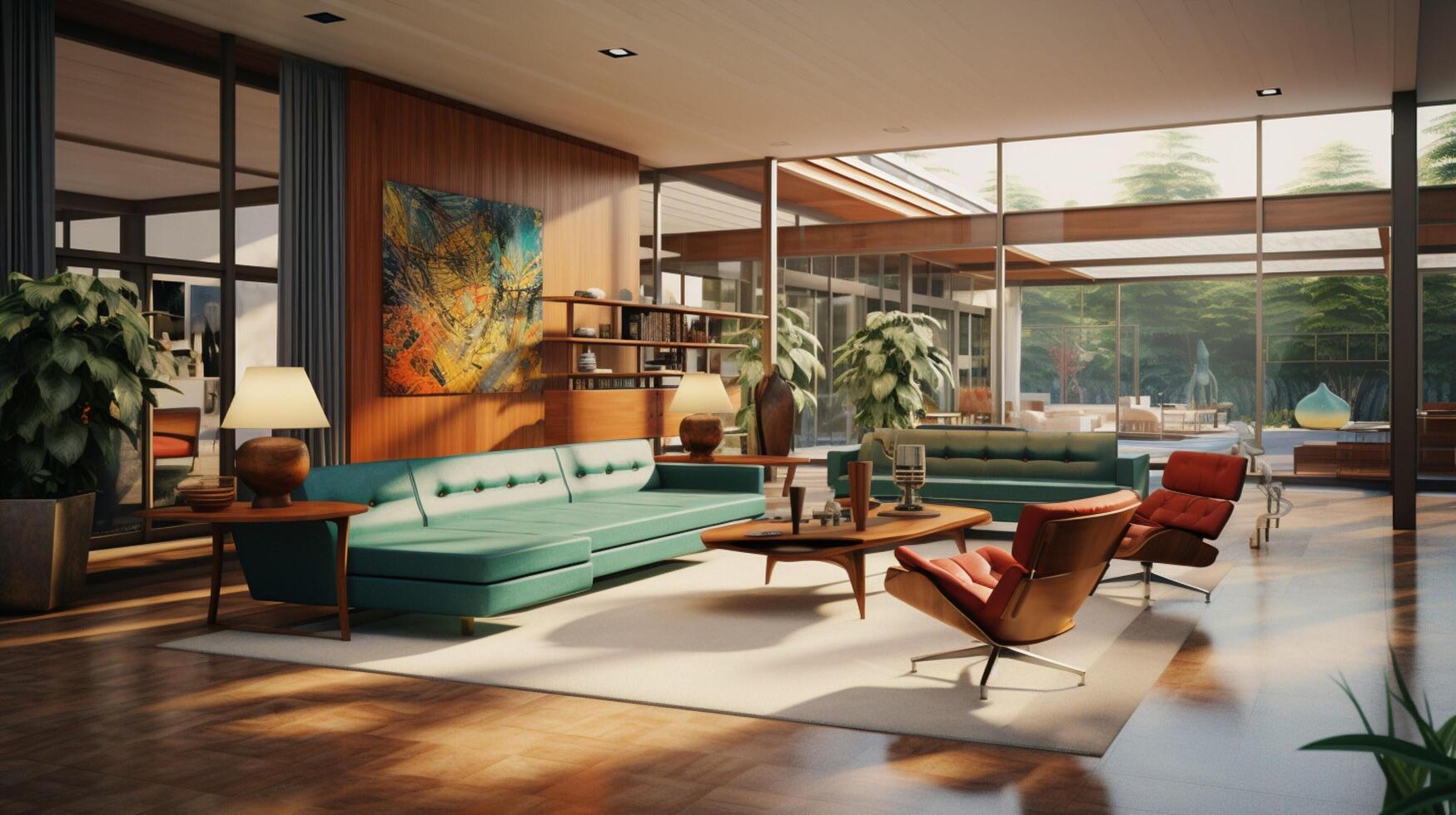 AI generated Mid-Century Modern interior design high quality photo