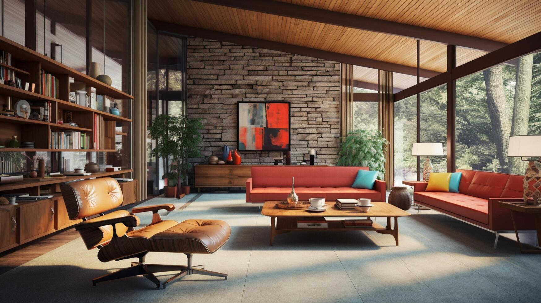 AI generated Mid-Century Modern interior design high quality photo