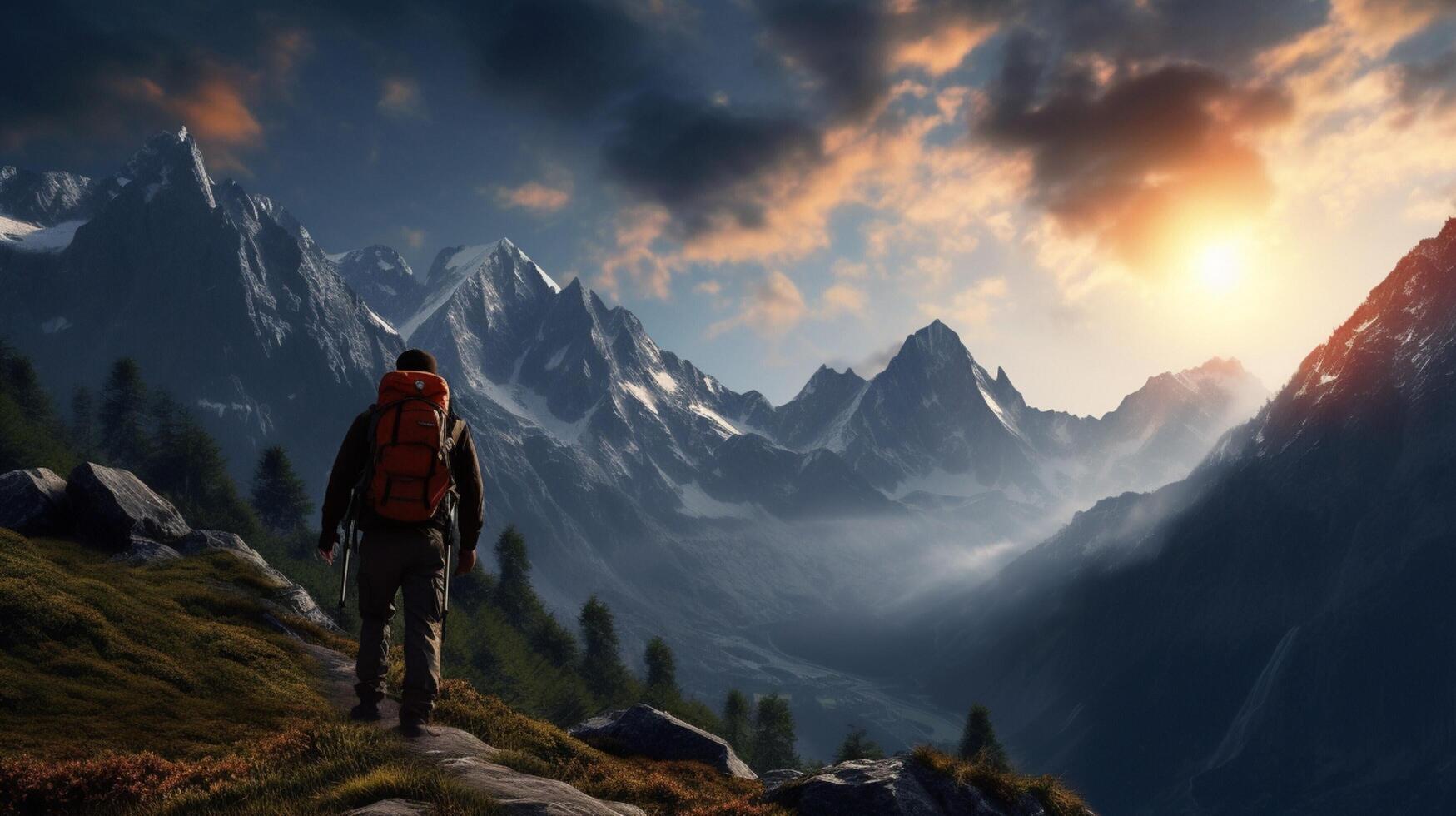 AI generated Mountain Hiking Background photo