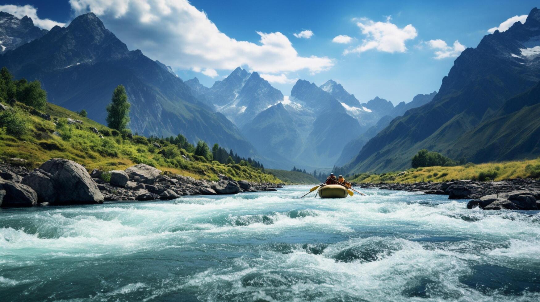 AI generated Mountain River Rafting Background photo