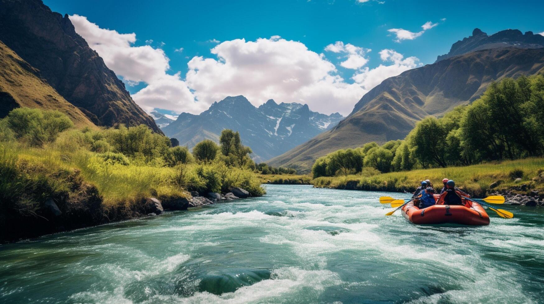 AI generated Mountain River Rafting Background photo