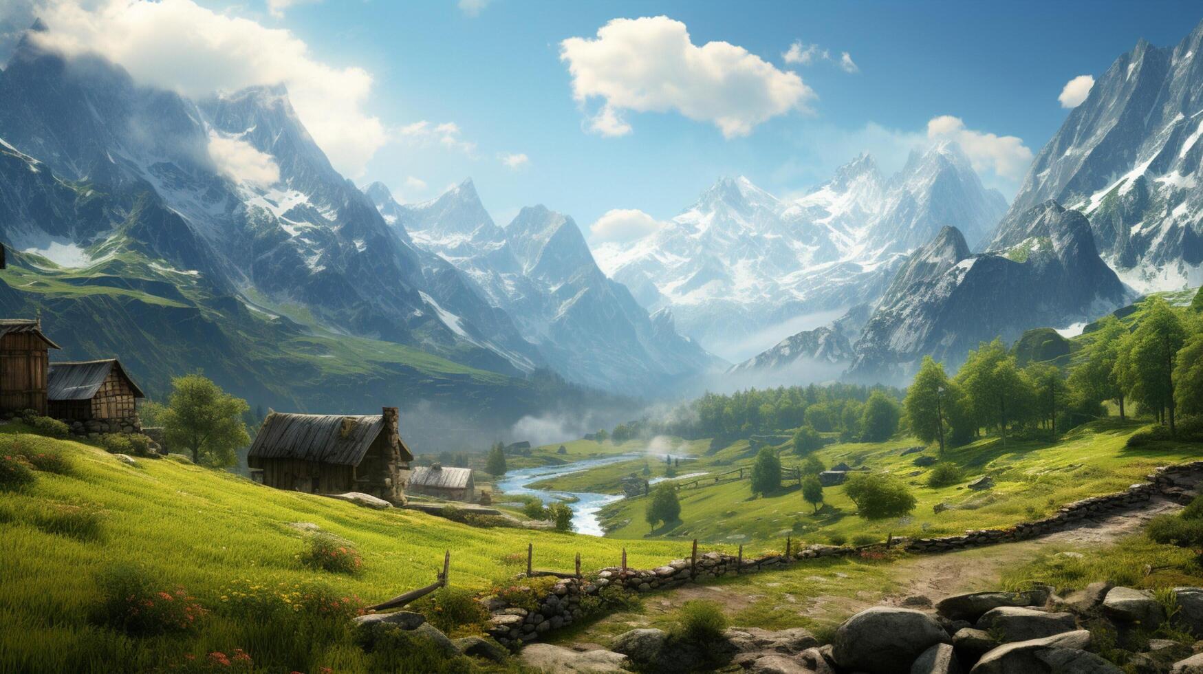 AI generated Mountain Villages and Alpine Living background photo