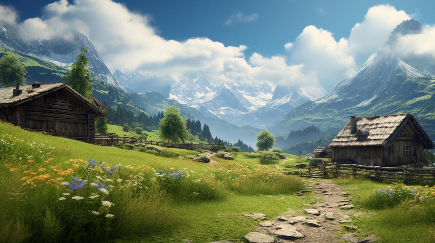 AI generated Mountain Villages and Alpine Living background photo