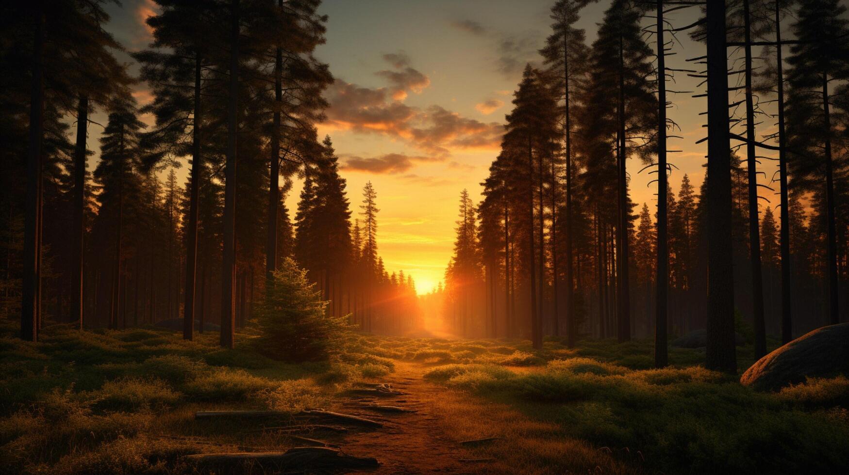 AI generated Mysterious Forest Sunset Background photo