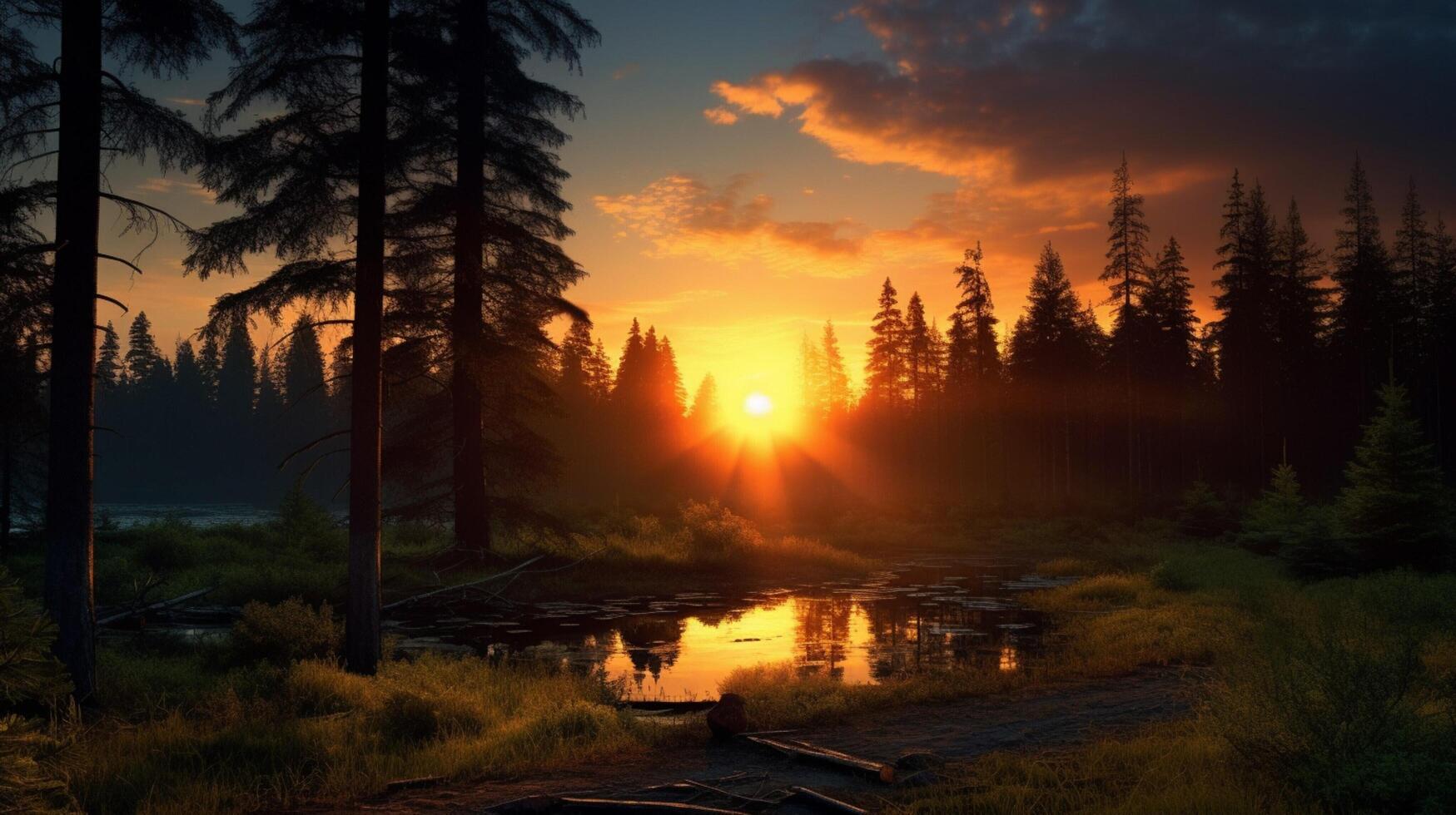 AI generated Mysterious Sunset in the Forest Background photo