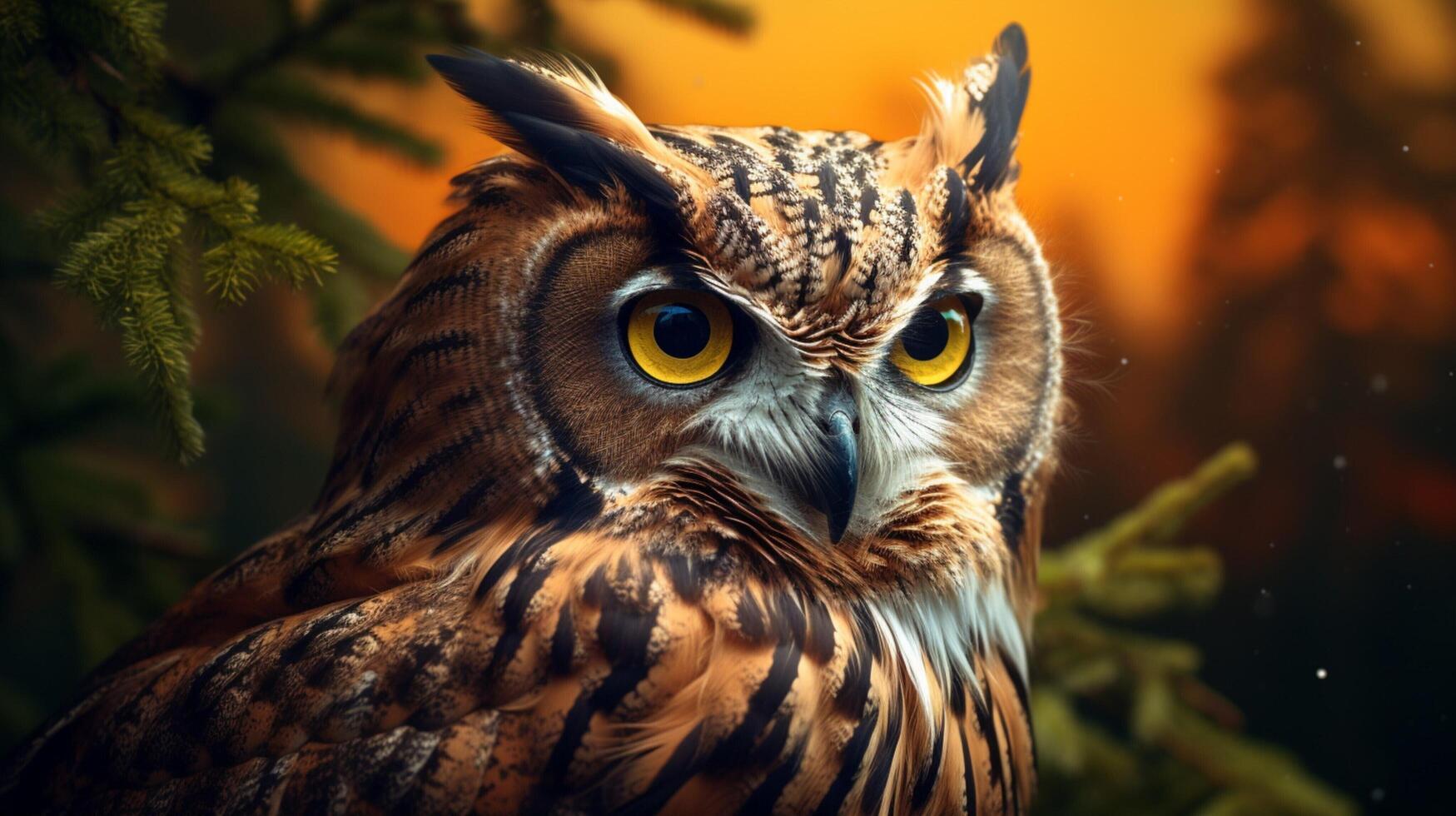 AI generated an owl is sitting on a branch in front of a sunset photo