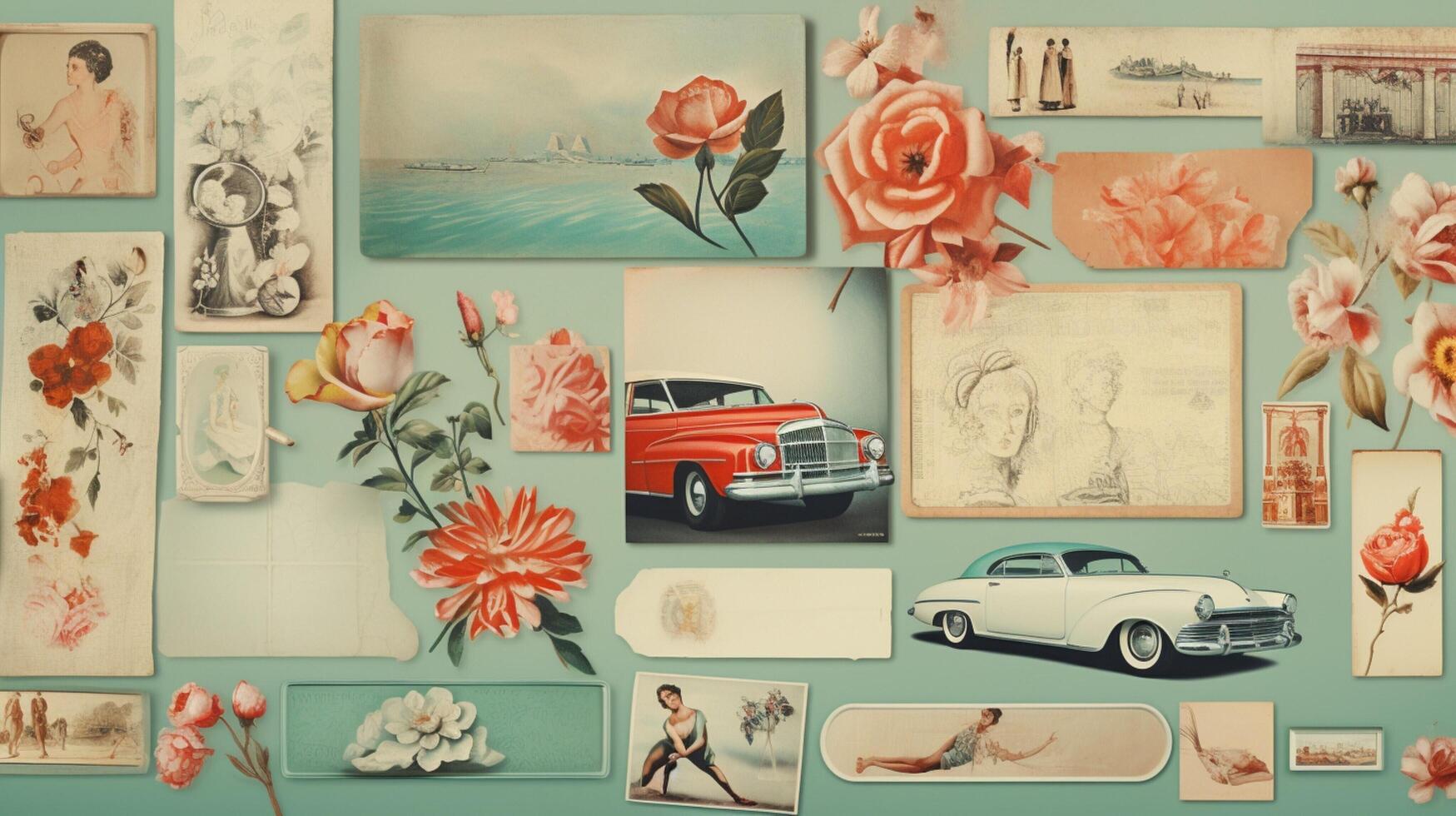 AI generated Pastel Collage of Vintage Art Elements Background photo