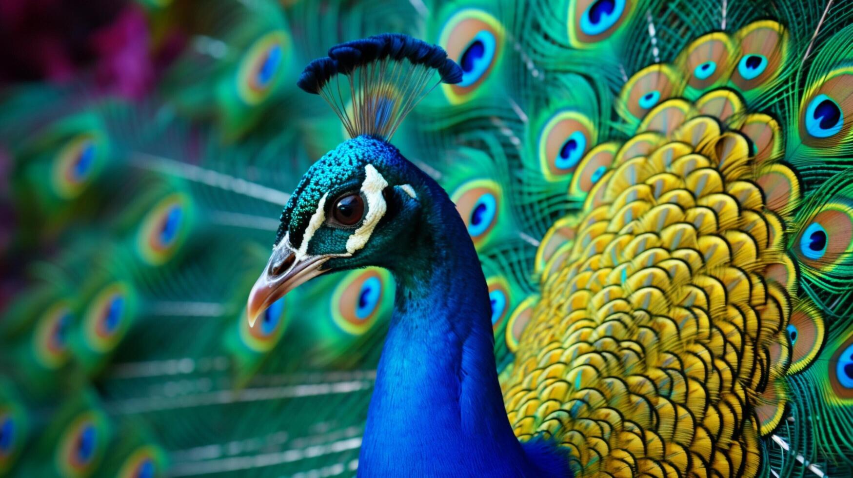 ai generado un pavo real es en pie en el medio de un bosque foto