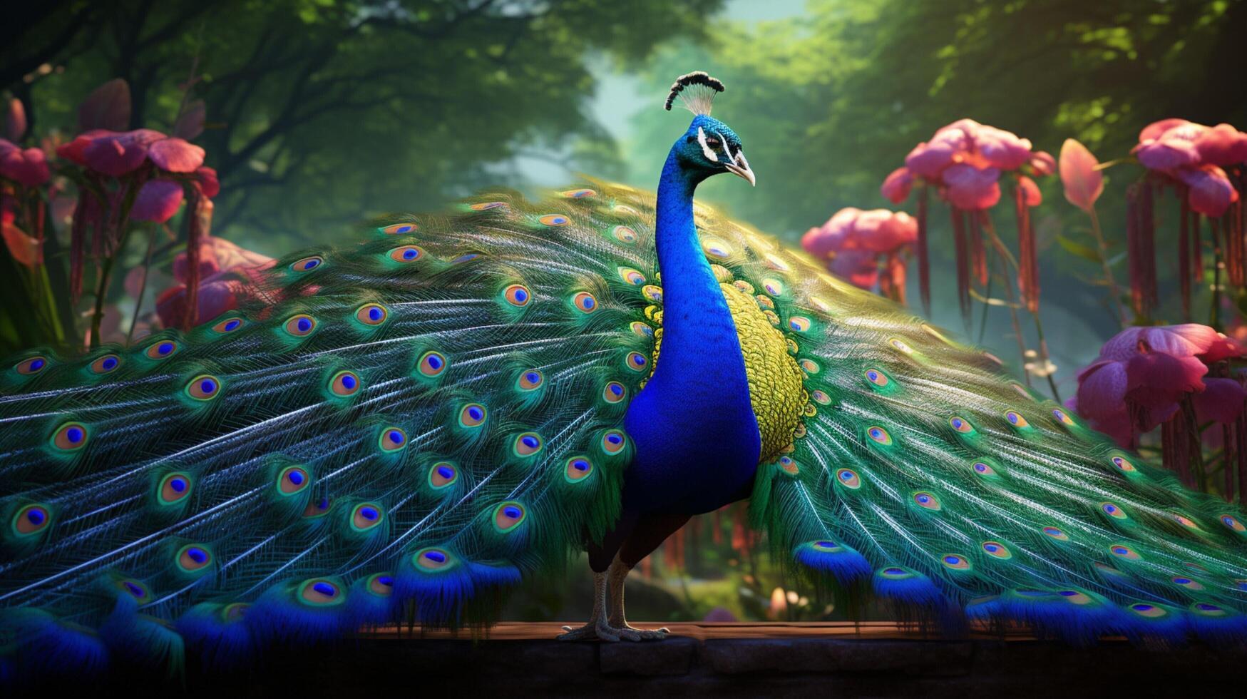 AI generated a peacock is standing in the middle of a forest photo