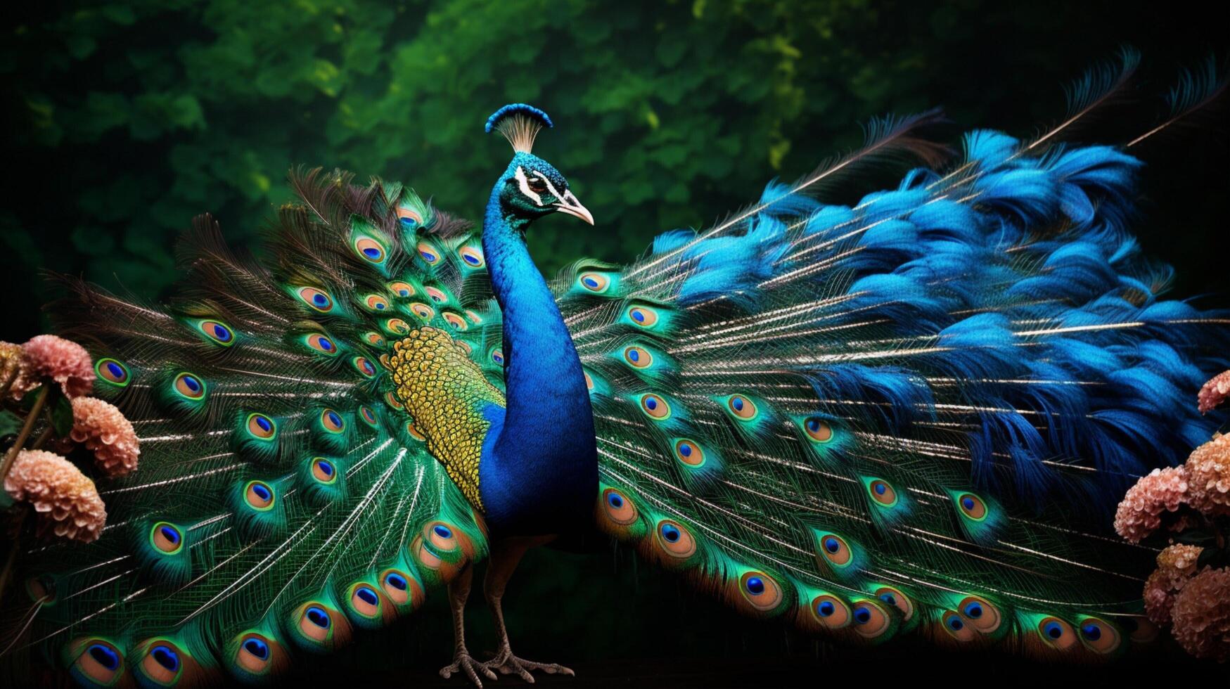 ai generado un pavo real es en pie en el medio de un bosque foto