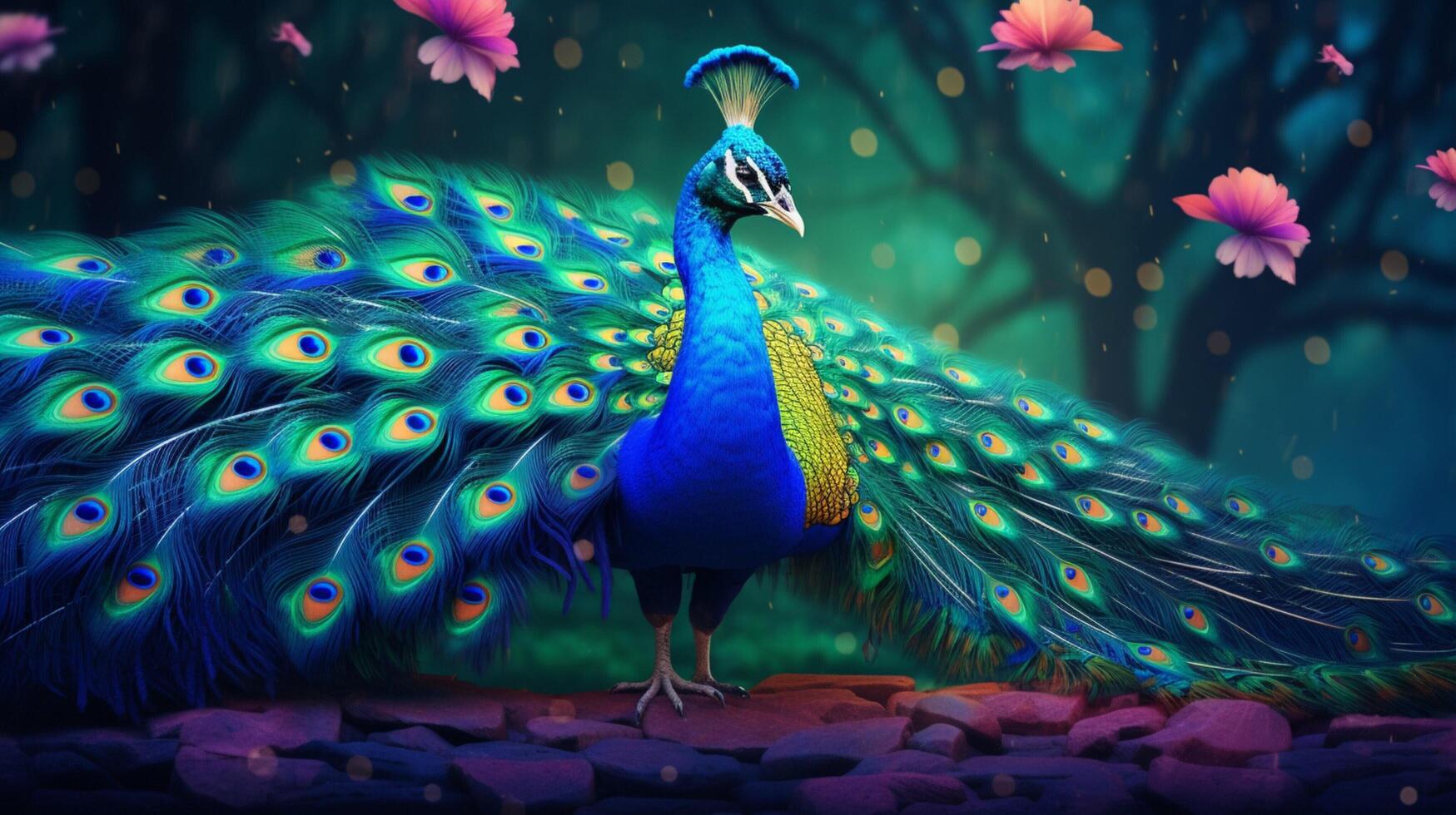 AI generated a peacock is standing in front of flowers photo