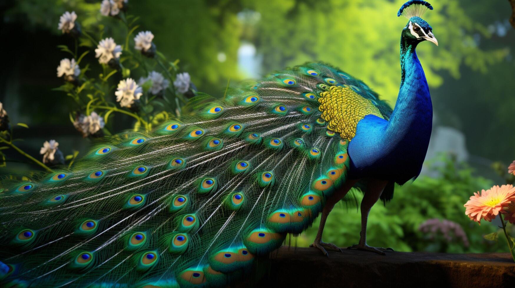 AI generated a peacock is standing in front of flowers photo