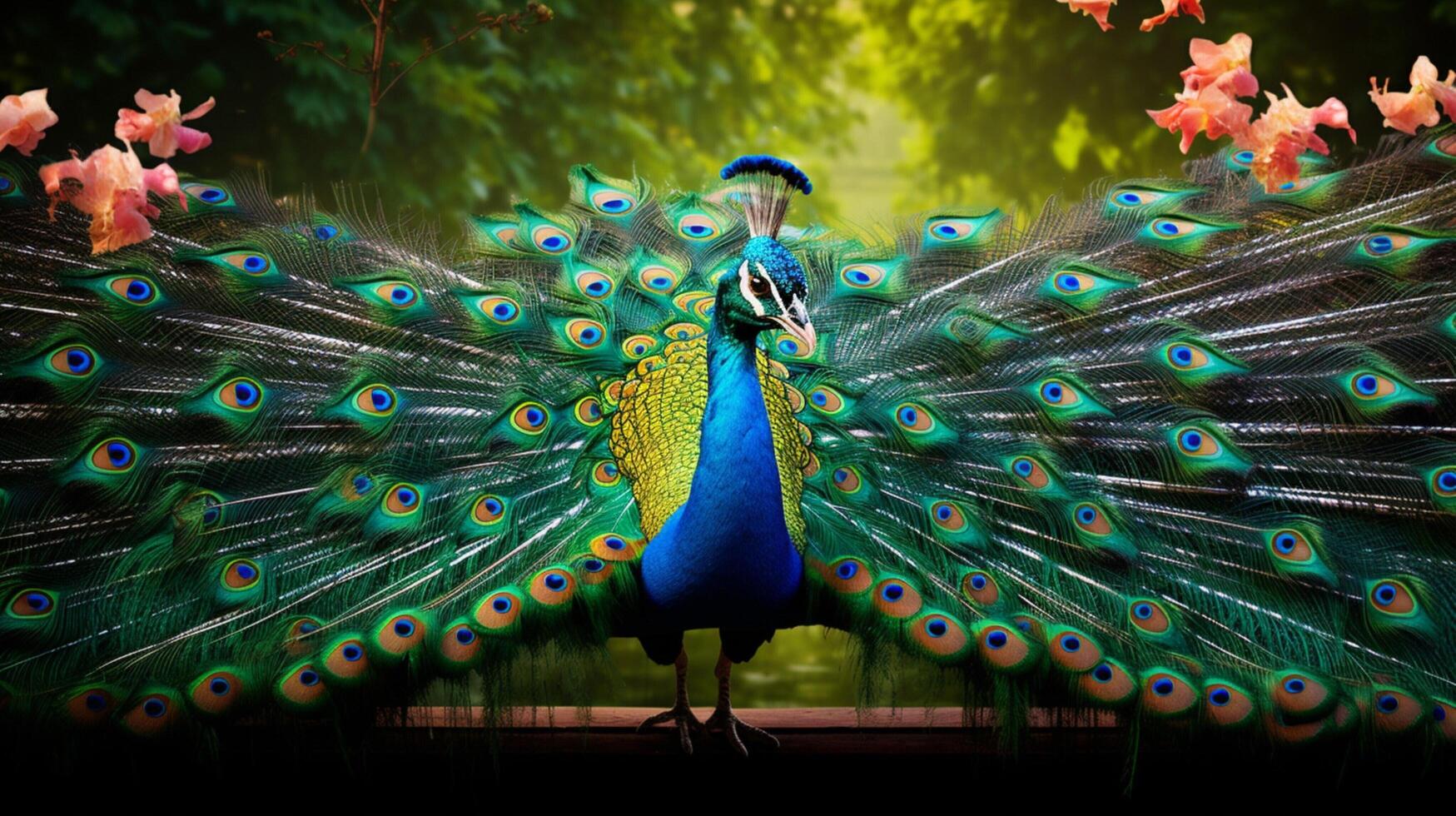 AI generated a peacock is standing in front of flowers photo