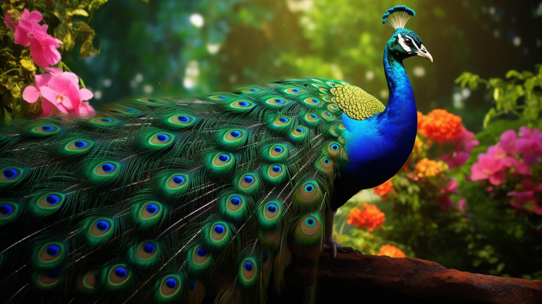 ai generado un pavo real con vistoso plumas y flores foto