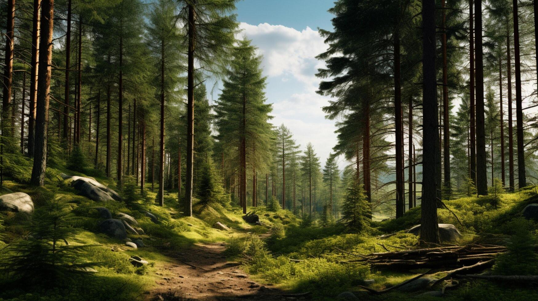 AI generated Pine Forest Landscape Background photo