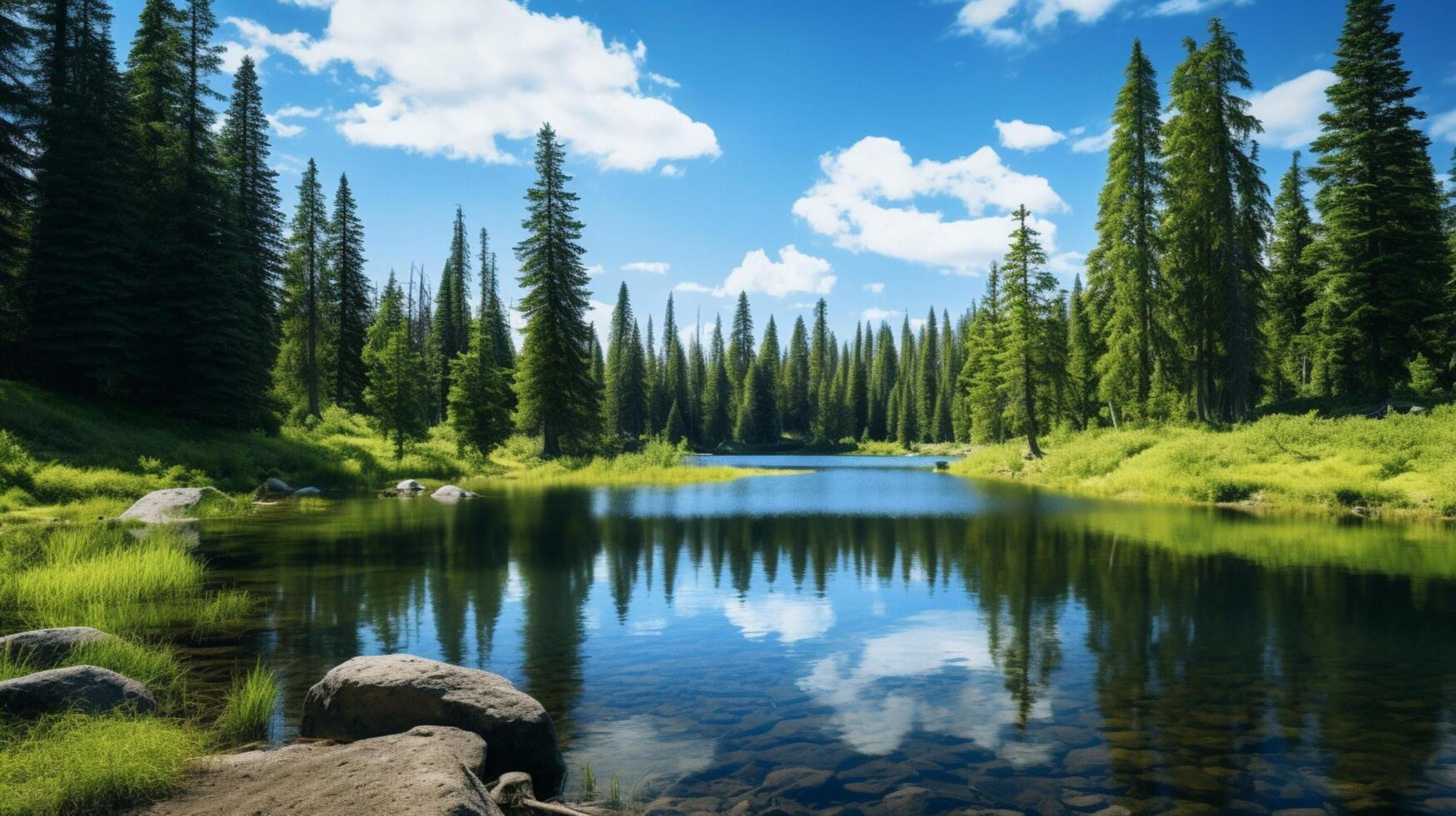 AI generated Pine Forest Lake Nature Background photo