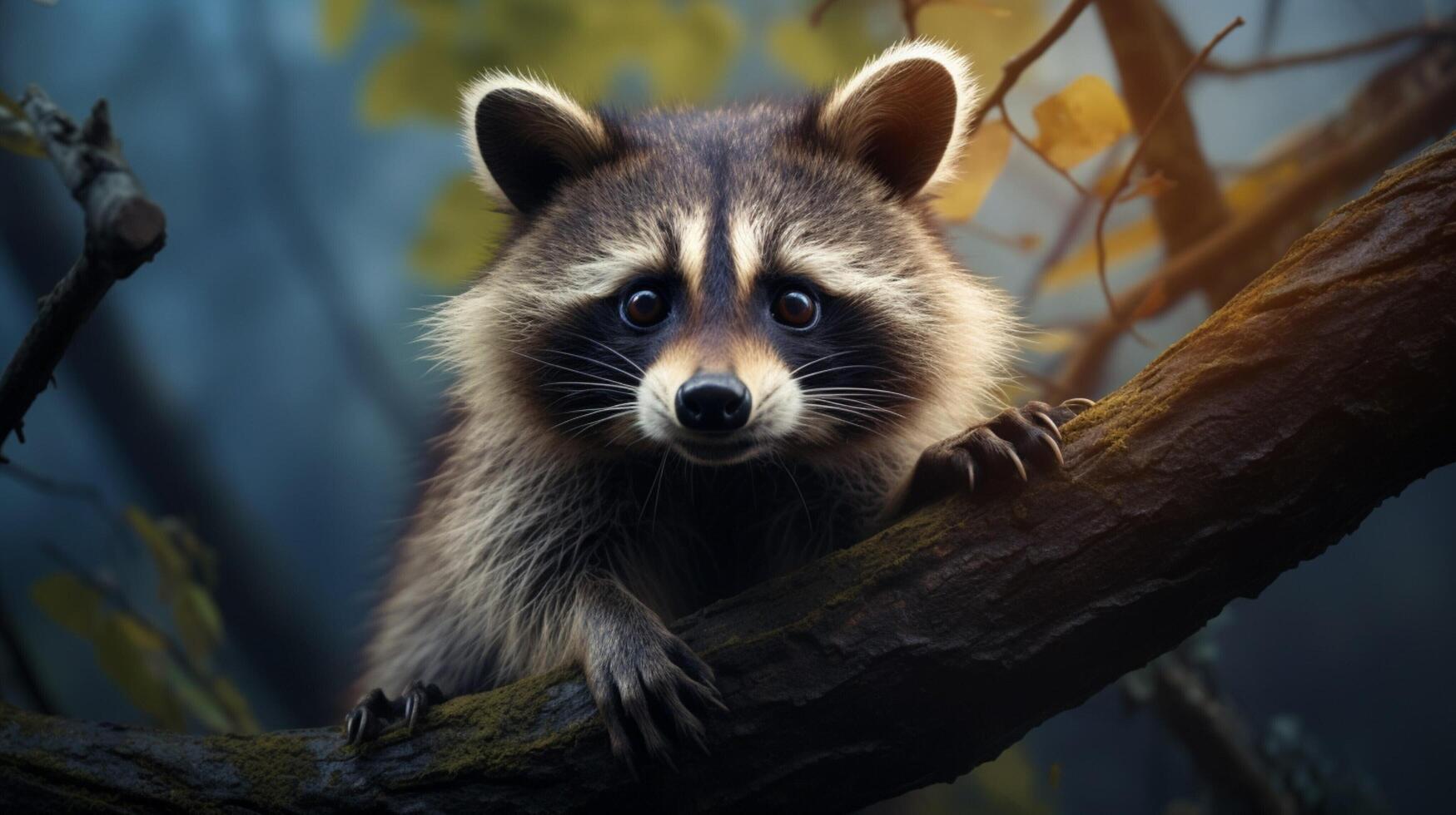 ai generado un mapache sentado en un rock en el bosque foto