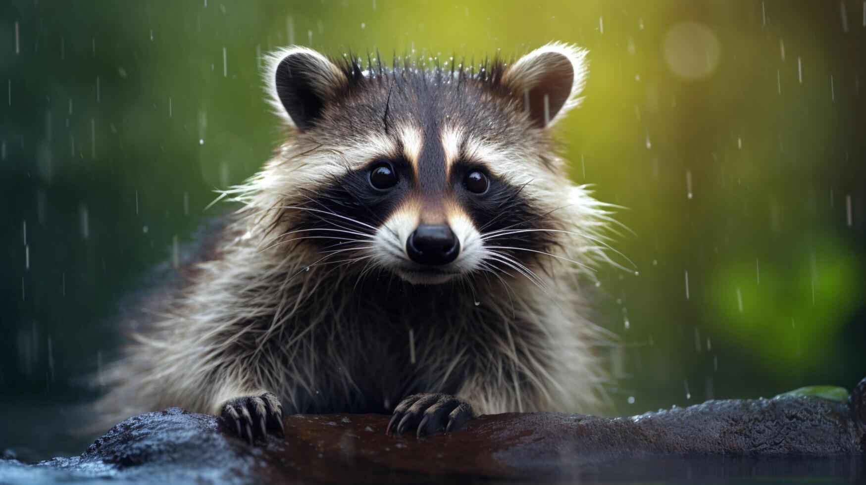 AI generated a raccoon sitting on a rock in the woods photo