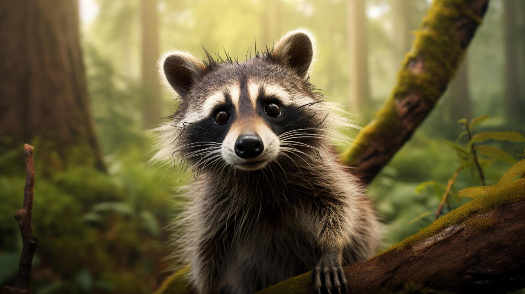 AI generated a raccoon sitting on a rock in the woods photo