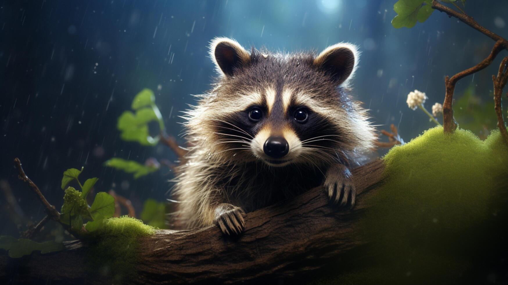 AI generated a raccoon sitting on a rock in the woods photo