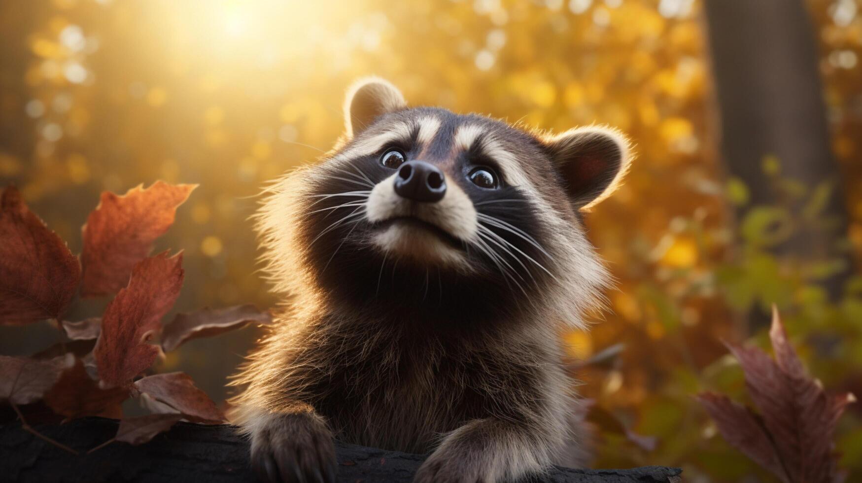 ai generado un mapache sentado en un rock en el bosque foto