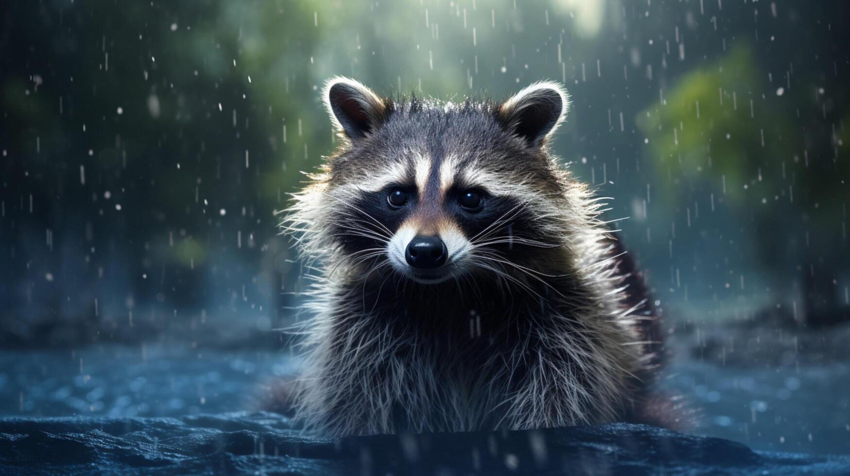 AI generated a raccoon sitting on a rock in the woods photo