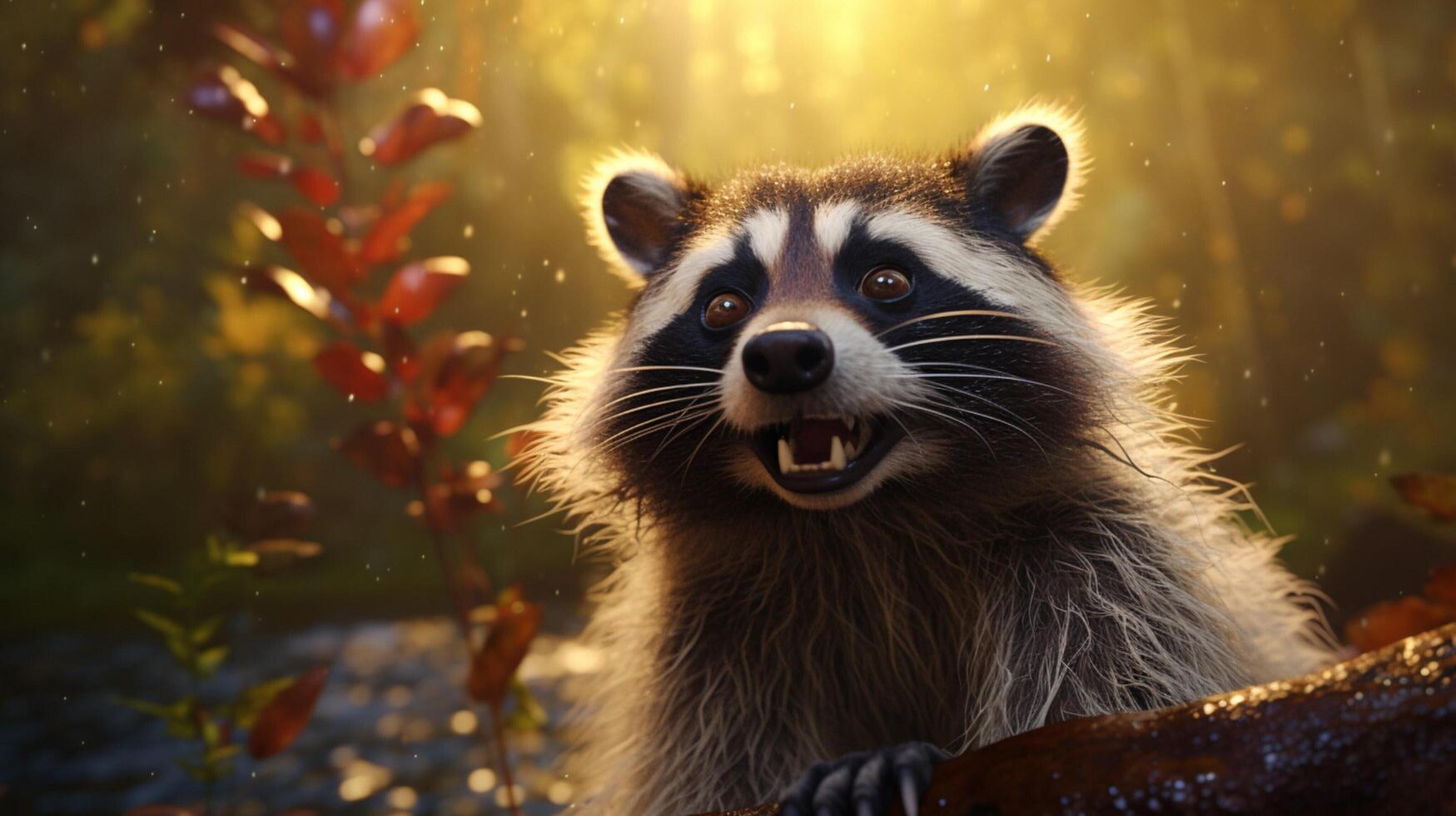 AI generated a raccoon sitting on a rock in the woods photo