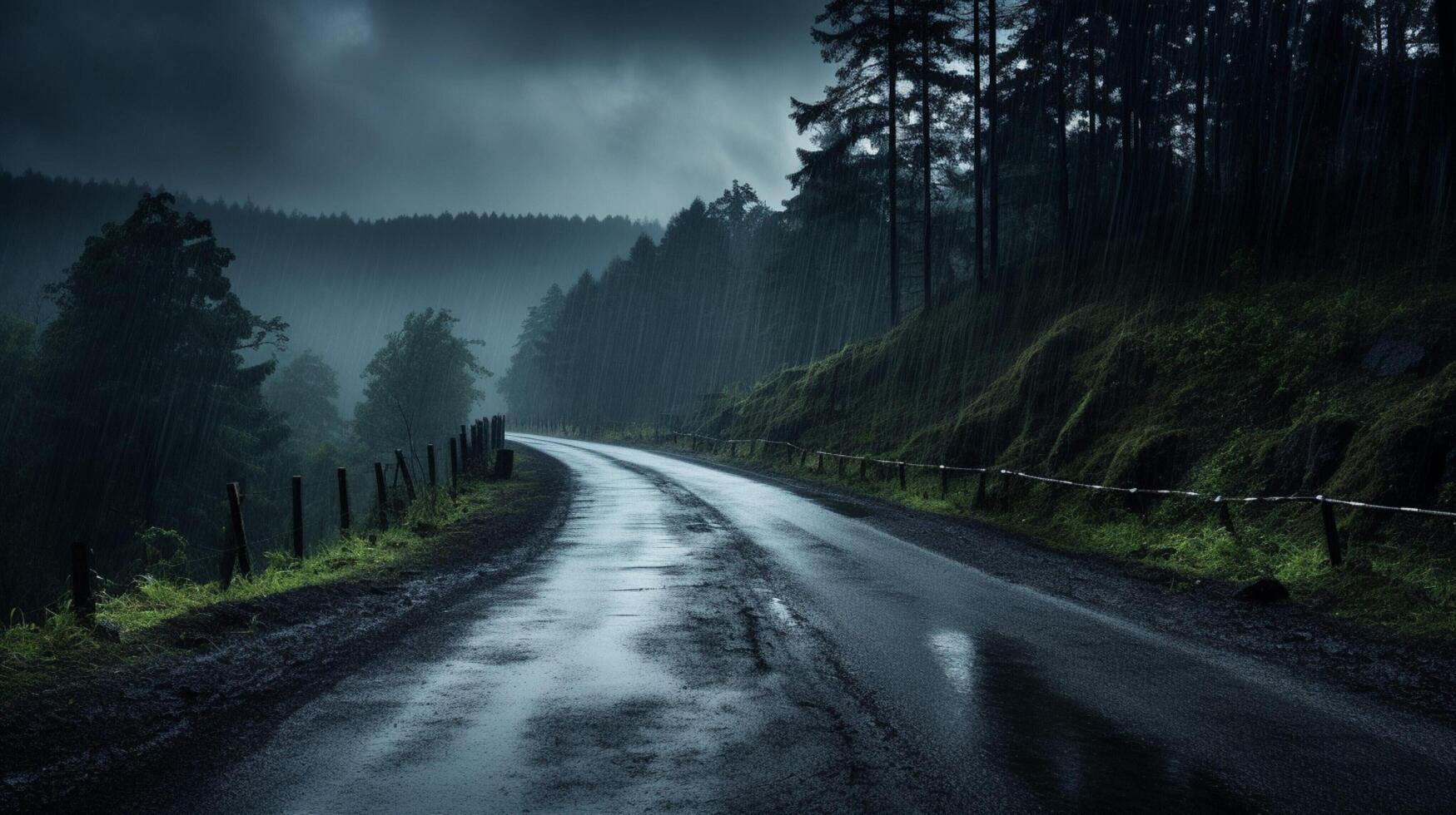 ai generado lluvioso país la carretera antecedentes foto